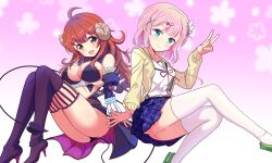 2girls absurdres ahoge ass black_panties black_thighhighs blue_eyes blush breasts brown_eyes brown_hair chiyoda_momo cleavage closed_mouth collarbone demon_girl demon_horns demon_tail fang hair_ornament hairclip highres horns kumaisao large_breasts long_hair looking_at_viewer machikado_mazoku miniskirt multiple_girls open_mouth panties pink_hair school_uniform skirt small_breasts smile tail thighhighs underwear v white_thighhighs yoshida_yuuko_(machikado_mazoku)
