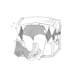 Rule 34 | 1girl, ass, bike shorts, commentary request, fukana miyu (kokuya28), head out of frame, highres, kokuya (kokuya28), lower body, mimic, mimic chest, mismatched socks, no shoes, original, simple background, socks, soles, solo, stick, stuck, treasure chest, vore