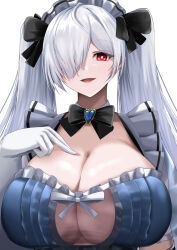 1girl alternate_costume breasts cinderella_(nikke) gloves goddess_of_victory:_nikke highres hogehogehoge_t huge_breasts looking_at_viewer maid maid_headdress red_eyes simple_background solo twintails upper_body white_background white_gloves white_hair