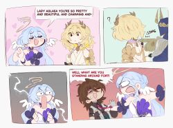 Rule 34 | 1boy, 2girls, ?, aglaea (honkai: star rail), angry, asymmetrical gloves, blonde hair, blue hair, blush, brown hair, chibi, chibi only, closed eyes, clothes grab, commentary, commission, damage numbers, detached sleeves, dress, english commentary, english text, facial hair, facing another, fingerless gloves, furrowed brow, gallagher (honkai: star rail), gameplay mechanics, gloves, hair between eyes, hair intakes, halo, head wings, heart, highres, honkai: star rail, honkai (series), laurel crown, lightning, lightning background, long hair, looking at another, medium hair, mismatched gloves, multiple girls, necktie, necktie grab, neckwear grab, nervous smile, open mouth, own hands together, partially shaded face, poking, purple eyes, rectangular mouth, robin (honkai: star rail), shirt, shouting, single fingerless glove, single hair intake, smile, strapless, strapless dress, stubble, surprised, sweatdrop, unfamousradish, upper body, v-shaped eyebrows, very long hair, vest, wide-eyed, wings