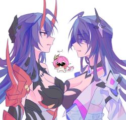Rule 34 | 3girls, acheron (honkai: star rail), breast press, breasts, commentary, elysia (honkai impact), elysia (miss pink elf) (honkai impact), hashtag-only commentary, highres, honkai: star rail, honkai (series), honkai impact 3rd, horns, long hair, lu cas83, multiple girls, pink hair, pointy ears, purple eyes, purple hair, raiden mei, raiden mei (herrscher of thunder), red horns, symmetrical docking