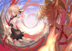 Rule 34 | &gt;:(, 2girls, absurdres, artoria pendragon (fate), backless outfit, bare back, battle, black dress, blonde hair, breasts, closed mouth, cowboy shot, criss-cross halter, dress, fate/grand order, fate (series), frown, green eyes, hair ribbon, halter dress, halterneck, highres, holding, holding sword, holding weapon, long hair, looking at another, multiple girls, nero claudius (fate), nero claudius (swimsuit caster) (fate), ribbon, saber alter, saber alter (swimsuit rider), saber alter (swimsuit rider) (first ascension), short dress, sideboob, small breasts, smile, sword, tollrin-senpai, twintails, upper body, v-shaped eyebrows, weapon, yellow eyes