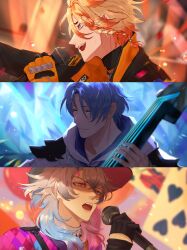 3boys absurdres axel_syrios axel_syrios_(1st_costume) black_gloves blonde_hair blue_eyes blue_hair braid concert earrings feather_hair_ornament feathers gavis_bettel gavis_bettel_(1st_costume) gloves green_eyes grey_hair hair_between_eyes hair_ornament hat heterochromia highres holding holding_microphone holostars holostars_english idol jacket jewelry long_hair long_sleeves looking_at_viewer male_focus medium_hair microphone multicolored_hair multiple_boys music nooooouuuuugat open_mouth pink_eyes pink_hair profile red_hair regis_altare short_hair side_braid singing smile stage stage_lights tassel tassel_earrings top_hat upper_body virtual_youtuber