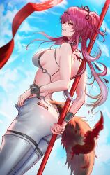1girl ass backless_bodysuit backless_outfit bare_shoulders blue_sky bodysuit boots breasts collar commentary day earrings from_side highres holding holding_polearm holding_weapon jewelry long_hair looking_at_viewer lupa_(wuthering_waves) mcdobo medium_breasts metal_collar outdoors parted_lips pink_hair polearm sideless_outfit sideways_glance sky smile solo tacet_mark_(wuthering_waves) tail thigh_boots weapon white_bodysuit wolf_tail wrist_guards wuthering_waves yellow_eyes