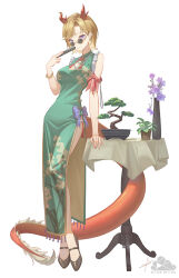 1girl blonde_hair bonsai character_request china_dress chinese_clothes chinese_commentary cleavage_cutout closed_mouth clothing_cutout cloud_horizon commentary_request dragon_girl dragon_horns dragon_tail dress floral_print flower_pot full_body glasses green_dress hand_fan hand_up holding holding_fan horns looking_at_viewer looking_over_eyewear plant potted_plant shengkai167 short_hair simple_background smile solo standing tail virtual_youtuber white_background