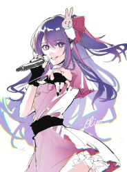 1girl black_gloves black_nails chinese_commentary commentary_request cowboy_shot dress elicooc fingerless_gloves from_side gloves grin hair_ornament hair_ribbon highres holding holding_microphone hoshino_ai idol idol_clothes long_hair looking_at_viewer microphone multicolored_hair nail_polish oshi_no_ko pink_dress pink_ribbon pink_streaks pointing pointing_at_viewer purple_eyes purple_hair rabbit_hair_ornament ribbon sash signature smile solo star-shaped_pupils star_(symbol) streaked_hair symbol-shaped_pupils waist_sash white_background