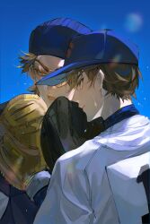 Rule 34 | 2boys, ace of diamond, back, baseball, baseball cap, baseball glove, baseball jersey, baseball uniform, blue background, brown eyes, brown hair, goggles, hat, highres, jersey, kljc93, looking to the side, male focus, miyuki kazuya, multiple boys, open mouth, sawamura eijun, shirt, short hair, simple background, sportswear, upper body