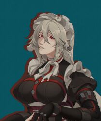 1girl alexandrina_sebastiane grey_hair hair_between_eyes hand_up highres long_hair looking_at_viewer maid maid_headdress open_mouth portrait red_eyes screw_hair_ornament simple_background zenless_zone_zero