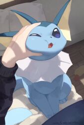 1other blue_sclera colored_sclera commentary fangs fins gen_1_pokemon grabbing_another&#039;s_face head_fins head_grab long_sleeves nintendo olyester open_mouth photo-referenced pillow pokemon pokemon_(creature) signature vaporeon
