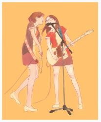 2girls 55bata6rou black_shirt border brown_hair brown_skirt collared_shirt electric_guitar full_body glasses guitar highres holding holding_guitar holding_instrument instrument long_hair looking_at_another microphone_stand multiple_girls music open_mouth original playing_guitar playing_instrument profile red_shirt shirt shoes short_hair short_sleeves simple_background singing skirt standing white_border white_shoes yellow_background