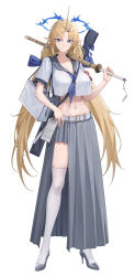 Rule 34 | 1girl, absurdres, alternate costume, bag, belt, blonde hair, blue eyes, blue neckerchief, breasts, cleavage, clipboard, closed mouth, collarbone, commentary, crop top, crop top overhang, cropped shirt, crown of thorns, cryturtle, earrings, fleurdelys (wuthering waves), floating earrings, full body, grey sailor collar, grey shoes, grey skirt, hair ornament, hairclip, high heels, highres, holding, holding sword, holding weapon, horns, jewelry, large breasts, light smile, long hair, long horns, long skirt, looking at viewer, midriff, navel, neckerchief, over shoulder, parted bangs, pointy ears, pornography, revision, sailor collar, school uniform, serafuku, shinai, shirt, shoes, short sleeves, shoulder bag, sidelocks, simple background, single horn, skirt, solo, standing, sword, sword over shoulder, symbol-only commentary, tacet mark (wuthering waves), thighhighs, thighs, very long hair, weapon, weapon bag, weapon over shoulder, white background, white belt, white shirt, white thighhighs, wuthering waves, yellow horns