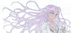 1girl bindi breasts closed_mouth coat collarbone commentary cracked_background dark-skinned_female dark_skin fate/grand_order fate_(series) floating_hair glasses gloves half_gloves lab_coat long_hair nachochips_159 open_clothes open_coat purple_eyes purple_hair rani_xii simple_background small_breasts solo very_long_hair white_background white_gloves