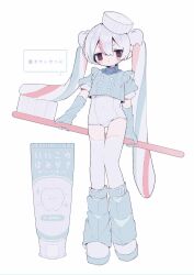 Rule 34 | 1girl, blue gloves, blue hair, blue jacket, blue leg warmers, brown eyes, buttons, chromatic aberration, commentary, covered navel, crop top, cropped jacket, double-breasted, film grain, full body, gloves, grey hair, hat, highres, holding, holding behind back, holding toothbrush, jacket, leg warmers, legs together, light blush, long hair, looking at viewer, multicolored hair, no sclera, old school swimsuit, one-piece swimsuit, original, oversized object, parted lips, personification, pink hair, school swimsuit, shoes, short sleeves, simple background, solo, standing, striped hair, swimsuit, symbol-only commentary, thigh gap, thighhighs, tooth hair ornament, toothbrush, toothpaste, translation request, twintails, uneven twintails, upa papa co, v-shaped eyebrows, very long hair, white background, white hat, white one-piece swimsuit, white shoes, white thighhighs