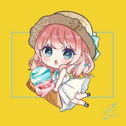 Rule 34 | 1girl, bare arms, bare shoulders, black sandals, blue bow, blue eyes, blush, bow, braid, brown hat, chibi, collared dress, commentary request, dress, food, full body, hair bow, hat, hat bow, ice cream, ice cream cone, looking at viewer, mini person, minigirl, multiple scoops, open mouth, original, pink hair, rino cnc, sandals, sleeveless, sleeveless dress, solo, twitter username, yellow background
