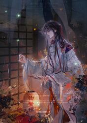 1boy absurdres architecture bai_liu black_hair bug cokecola793 east_asian_architecture firefly glint glowing highres holding holding_lantern i_became_a_god_in_a_horror_game insect lantern long_hair long_sleeves male_focus paper_lantern profile solo sparkle wide_sleeves