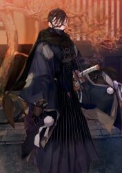 1boy arm_at_side armored_gloves black_gloves black_hakama black_scarf blue_kimono brown_hair claws covered_mouth fate/grand_order fate_(series) feet_out_of_frame game_cg gloves grey_eyes hair_between_eyes hair_over_one_eye hakama hakama_skirt hand_on_hilt hand_up japanese_clothes katana kibadori_rue kimono long_sleeves looking_at_viewer male_focus mask mouth_mask official_art pom_pom_(clothes) scarf sheath sheathed short_hair skirt solo standing sword third-party_source variant_set weapon yamanami_keisuke_(fate)