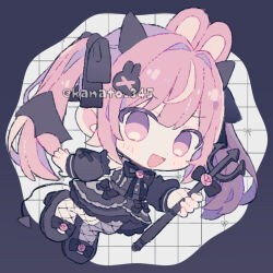 1girl :d animal_ears bare_shoulders black_bow black_dress black_shoes black_sleeves black_wings blush bow chibi chibi_only commentary_request demon_girl demon_tail demon_wings detached_sleeves detached_wings dress dress_bow fishnet_pantyhose fishnets frilled_dress frills full_body grid_background highres holding holding_polearm holding_weapon kanamochi_kanato long_hair looking_at_viewer open_mouth original pantyhose pink_eyes pink_hair polearm rabbit_ears shoes sleeveless sleeveless_dress smile solo tail twintails twitter_username weapon white_background white_pantyhose wings