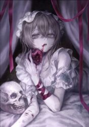 1girl absurdres apple arm_wrap armband bags_under_eyes bed blood brown_hair canopy_bed crossed_bangs dress food frills fruit hair_between_eyes hairband highres holding holding_food holding_fruit injury juice lolita_fashion lolita_hairband lying no_pupils on_bed on_stomach original pale_skin red_ribbon ribbon senjuuzou_(xxxx_xxxxansz) skull solo wrist_cutting