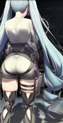 1girl aqua_hair ass ass_focus boots drill_hair from_behind game_cg goddess_of_victory:_nikke holster huge_ass long_hair military_uniform privaty_(nikke) short_shorts shorts solo_focus thick_thighs thigh_boots thigh_holster thighs twin_drills very_long_hair