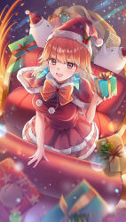 1girl :d bird bow box breasts chicken dress earrings feather_earrings feathers gift gift_box hair_ornament hat highres holding holding_gift holding_paper holly holly_hair_ornament hololive hololive_english jewelry kfp_employee_(takanashi_kiara) leaning_forward long_hair looking_at_viewer medium_breasts open_mouth orange_bow orange_hair paper red_eyes ribbon sack santa_costume santa_dress santa_hat sebu_illust sleigh smile snowing standing takanashi_kiara virtual_youtuber