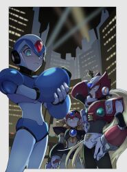 Rule 34 | 3girls, android, arm cannon, armor, axl (mega man), black armor, blonde hair, blue armor, blue eyes, blue helmet, border, brown hair, building, chest jewel, cowboy shot, cross scar, dual wielding, forehead jewel, green eyes, group picture, gun, helmet, highres, holding, holding gun, holding weapon, ktmckpp, long hair, male focus, mega man (series), mega man x (series), multiple girls, night, red armor, red helmet, scar, scar on face, skyscraper, spiked hair, weapon, white border, x (mega man), zero (mega man)