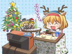 1girl :d alice_margatroid animal_ears blonde_hair blue_background blush cake character_doll chibi christmas_ornaments christmas_tree closed_eyes commentary_request crt fake_animal_ears fake_antlers food hat jun_sasaura kirisame_marisa kotatsu lonely open_mouth santa_hat short_hair smile snowman solo sparkle star_(symbol) table touhou upper_body yule_log_(cake)