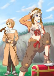 Rule 34 | 1boy, 1girl, acolyte (ragnarok online), blonde hair, blue eyes, blue sky, boots, bow, bow bra, bra, breasts, brown coat, brown eyes, brown jacket, brown pants, brown shoes, brown shorts, cassock, cleavage, coat, commentary request, day, full body, fur-trimmed boots, fur trim, goggles, goggles on head, grey hair, highres, holding, holding staff, jacket, kurohachiboku, long sleeves, looking afar, open mouth, outdoors, pants, ragnarok online, red bow, shoes, short hair, shorts, shrug (clothing), sky, small breasts, staff, thief (ragnarok online), treasure chest, underwear, white bra