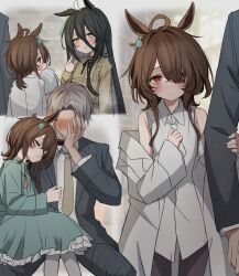 1boy 2girls absurdres aged_down agnes_tachyon_(umamusume) ahoge animal_ears black_hair black_jacket black_pants blush brown_hair brown_necktie chemical_structure clothes_grab coat collared_dress collared_shirt dress earrings embarrassed faceless formal_clothes frilled_dress frilled_shirt frills grey_dress grey_hair grey_pantyhose hair_between_eyes hair_over_one_eye hand_up height_difference highres holding_another&#039;s_arm horse_ears horse_girl huge_ahoge index_finger_raised jacket jacket_grab jewelry lab_coat leogust long_bangs long_dress long_hair long_hair_between_eyes long_sleeves looking_at_another manhattan_cafe_(umamusume) medium_hair multicolored_hair multiple_girls neck_ribbon necktie off_shoulder open_clothes open_coat open_jacket pants pantyhose pointing pointing_at_self red_eyes ribbon shirt short_hair short_necktie single_earring sleeping sleeveless sleeveless_shirt suit textless_version umamusume variant_set very_long_hair white_coat white_hair white_necktie white_shirt yellow_eyes yellow_ribbon yellow_shirt