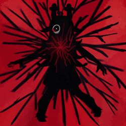 1girl antlers blood bloody_tears commentary constricted_pupils corruption cosmicclowny deer_antlers deer_girl deltarune english_commentary highres horns long_hair noelle_holiday plant red_background red_theme shoujo_kakumei_utena silhouette skirt solo spikes tears thorns vines weird_route_(deltarune)