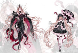 1girl 2girls absurdly_long_hair absurdres black_bow black_cape black_dress black_gloves black_umbrella blonde_hair bonnet boots bow breasts cape cross-laced_clothes cross-laced_dress crown dress drowsyww earrings frilled_dress frilled_sleeves frills full_body gloves gothic_lolita high_heels highres holding holding_umbrella jewelry lolita_fashion long_hair looking_at_viewer monster_girl multiple_girls original pantyhose pointy_ears red_eyes ribbon simple_background tentacles thigh_boots thigh_strap thighhighs twintails two-sided_cape two-sided_fabric umbrella very_long_hair watermark wavy_hair weibo_username weibo_watermark white_background