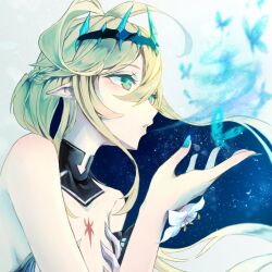 1girl antenna_hair aqua_nails baracan bare_shoulders blonde_hair body_markings breasts bug chest_tattoo colored_inner_hair commission elf flower green_eyes hair_between_eyes hand_up headpiece highres long_hair multicolored_hair nail_polish original parted_lips pointy_ears red_tattoo second-party_source skeb_commission small_breasts solo star_(symbol) star_print starry_hair starry_sky_print tattoo vivi_(ac8231) white_flower wrist_flower