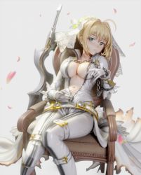 1girl 3d 77gl aestus_estus belt blonde_hair blush breasts burnt_clothes center_opening chain chair collarbone derivative_work fate/extra fate/extra_ccc fate_(series) female_focus flower gloves green_eyes hair_flower hair_intakes hair_ornament impossible_clothes lock medium_breasts navel nero_claudius_(bride)_(fate) nero_claudius_(fate) pants petals plunging_neckline rose_petals sitting solo sword ucupumar unzipping veil weapon white_background white_pants zipper