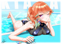 1girl ass black_nails black_one-piece_swimsuit bracelet breast_press breasts earrings feather_earrings feathers gradient_hair green_hair highres hololive hololive_english jewelry large_breasts looking_at_viewer mito310 multicolored_hair one-piece_swimsuit one_eye_closed orange_hair perfume_(takanashi_kiara) ponytail purple_eyes solo streaked_hair swimsuit takanashi_kiara virtual_youtuber water wet