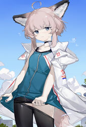 Rule 34 | 1girl, absurdres, ahoge, animal ears, arknights, black choker, black pantyhose, black skirt, blue eyes, blue sky, blue vest, breasts, choker, closed mouth, clothes pull, coat, extra ears, flying sweatdrops, fox ears, fox girl, fox tail, grey hair, highres, hood, hood down, hooded coat, lab coat, material growth, meiwei de jianbing, oripathy lesion (arknights), outdoors, pantyhose, pantyhose pull, short hair, skirt, skirt tug, sky, small breasts, solo, sussurro (arknights), sweat, tail, vest, white coat