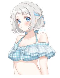 1girl bikini blue_bikini blue_eyes blue_ribbon blush bow braid breasts collarbone cropped_torso frilled_bikini frills gakuen_idolmaster grey_hair hair_ribbon halterneck highres idolmaster katsuragi_lilja looking_at_viewer medium_breasts nagi_7g off-shoulder_bikini off_shoulder parted_lips plaid_bikini plaid_clothes ribbon short_hair sidelocks simple_background solo swimsuit white_background