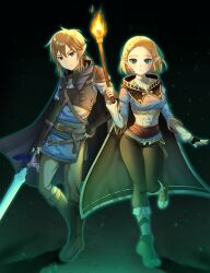1boy 1girl absurdres belt black_cape black_gloves black_pants blonde_hair blue_eyes blue_tunic boots brown_belt brown_boots brown_pants cape champion&#039;s_tunic_(zelda) closed_mouth commentary dark_background fingerless_gloves fold-over_boots gloves green_eyes hair_ornament hairclip heel_up highres holding holding_sword holding_torch holding_weapon kurosaki_coco layered_sleeves link long_sleeves looking_at_viewer master_sword nintendo pants pointy_ears ponytail princess_zelda short_hair short_over_long_sleeves short_ponytail short_sleeves standing standing_on_one_leg sword the_legend_of_zelda the_legend_of_zelda:_tears_of_the_kingdom torch tunic weapon