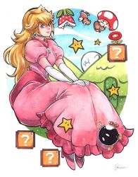 ?_block blonde_hair blue_eyes bob-omb bomb crown dress earrings explosive fuse goomba highres jewelry koopa lipstick long_hair makeup mario_(series) nintendo painting_(medium) pink_dress pink_shoes piranha_plant princess_peach puffy_short_sleeves puffy_sleeves sao_(saowee) shoes short_sleeves super_star_(mario) traditional_media very_long_hair watercolor_(medium)