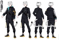 1boy ahoge animal_ear_fluff animal_ear_piercing animal_ears animal_print arm_at_side arm_belt artist_name belt black_bag black_belt black_hair black_jacket black_pants black_shirt black_shoes black_tail blue_eyes blue_jacket buckle chain chain_necklace character_name clenched_hand closed_mouth colored_shoe_soles commentary contrapposto dog_tags double-parted_bangs earrings english_commentary english_text extra_ears eyebrows_hidden_by_hair fanny_pack from_behind full_body half-closed_eyes high_tops highres hood hood_down hooded_jacket indie_virtual_youtuber invisible_floor jacket jewelry long_eyelashes long_sleeves male_focus mole mole_under_eye mole_under_mouth multicolored_hair multiple_views narrowed_eyes necklace o-ring o-ring_belt open_hand outstretched_arm pants pocket print_belt reference_sheet shirt shoes short_hair shoulder_strap sidelocks smile snap-fit_buckle sneakers streaked_hair striped_tail stud_earrings tail thick_eyelashes tiger_boy tiger_ears tiger_print tiger_stripes tiger_tail tsurime turnaround turtleneck turtleneck_shirt two-sided_fabric two-sided_jacket two-tone_hair two-tone_tail unzipped v-shaped_eyebrows vertigris virtual_youtuber white_background white_hair white_tail yellow_belt yellow_shoes zipper