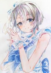 Rule 34 | 1girl, dress, eokiba, grey eyes, grey hair, idolmaster, idolmaster cinderella girls, looking at viewer, otokura yuuki, own hands together, sailor dress, short hair, smile, solo, traditional media, upper body