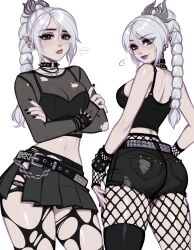1girl baldur&#039;s_gate baldur&#039;s_gate_3 blush blushyspicy braid breasts choker crop_top dungeons_&amp;_dragons dungeons_&amp;_dragons elf goth_fashion green_eyes hair_ornament half-skirt highres large_breasts long_hair looking_at_viewer multi-tied_hair multiple_views navel pointy_ears scar scar_on_face scar_on_nose shadowheart_(baldur&#039;s_gate) short_shorts shorts simple_background skirt smile white_hair