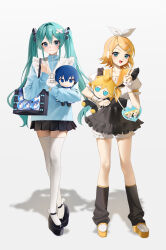 2girls absurdres aqua_hair bandaid bandaid_hair_ornament black_footwear black_leg_warmers black_skirt blonde_hair blue_eyes blue_nails blue_sweater blush bow bow_hairband character_doll closed_mouth doll emduck full_body grey_background hair_between_eyes hair_bow hair_ornament hairband hatsune_miku highres kagamine_len kagamine_rin kaito_(vocaloid) leg_warmers long_hair long_sleeves looking_at_viewer miniskirt multiple_girls nail_polish parted_bangs platform_footwear pleated_skirt sailor_collar shirt short_hair short_shorts short_sleeves shorts shorts_under_skirt skirt sleeves_past_wrists smile standing sweater thighhighs twintails very_long_hair vocaloid white_bow white_hairband white_shirt white_shorts white_thighhighs wrist_cuffs yellow_sailor_collar zettai_ryouiki