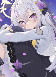 1girl :&lt; absurdres ahoge angel_wings azusa_(blue_archive) black_bow black_dress black_sailor_collar blue_archive blue_eyes bow closed_mouth commentary_request cropped_jacket crossed_bangs dress feathered_wings flower gradient_eyes grey_hair hair_bow hair_flower hair_ornament halo highres hugging_own_legs jacket knees_up legs_together long_hair long_sleeves looking_at_viewer low_wings multicolored_eyes neckerchief open_clothes open_jacket petals petticoat pu_ht purple_eyes purple_flower revision sailor_collar sitting solo very_long_hair white_jacket white_wings wing_decorations wings yellow_neckerchief