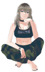 1girl absurdres animal_ears black_choker black_nails black_sports_bra bracelet breasts camouflage camouflage_pants choker closed_mouth commentary girls_band_cry green_pants grey_eyes grey_hair highres jewelry kawaragi_momoka long_hair medium_breasts midriff multicolored_hair nail_polish navel pants rainbow_hose roots_(hair) simple_background solo sports_bra toenail_polish toenails white_background