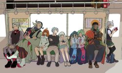 4boys 5girls ahoge alessandro_di_cagliostro_(fate) anastasia_(fate) ashiya_douman_(fate) ashoka_(fate) bag black_thighhighs boots commentary_request crossed_arms doll earrings facial_hair fate/grand_order fate_(series) fujimaru_ritsuka_(female) fujimaru_ritsuka_(female)_(decisive_battle_chaldea_uniform) goatee highres holding holding_doll jeanne_d&#039;arc_alter_(fate) jewelry kadoc_zemlupus magatama magatama_earrings multiple_boys multiple_girls ponytail praying reading sandals school_bag sitting sleeping smile taruhu_(ej5_zzom) thighhighs train_interior trung_nhi_(fate) trung_trac_(fate)