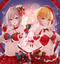 10s 2girls anastasia_(idolmaster) bad_id bad_pixiv_id blonde_hair blue_eyes blurry bokeh box breasts christmas depth_of_field gift gift_box gloves green_eyes hat highres idolmaster idolmaster_cinderella_girls looking_at_viewer magako miyamoto_frederica multiple_girls red_gloves santa_costume santa_hat short_hair silver_hair smile