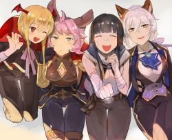 4girls animal_ears ayer ayer_(cosplay) bandaged_arm bandages bandaid bandaid_on_face black_gloves black_hair blonde_hair blush claw_pose cosplay erune fang feower_(granblue_fantasy) feower_(granblue_fantasy)_(cosplay) gloves granblue_fantasy grey_hair head_wings heles highres hood hoodie jessica_(granblue_fantasy) multiple_girls natsuko_(summer_525528) one_eye_closed pink_hair seruel seruel_(cosplay) tien_(granblue_fantasy) vampy veight veight_(cosplay) wings