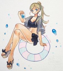 1girl absurdres alternate_hairstyle bikini black_bikini blonde_hair blue_eyes drink frilled_bikini frills full_body hair_bun highres innertube kantai_collection kujiramaru mole mole_under_eye mole_under_mouth official_alternate_costume open_clothes open_shirt parted_bangs ponytail richelieu_(kancolle) richelieu_(swimsuit)_(kancolle) sandals side-tie_bikini_bottom solo swim_ring swimsuit traditional_media