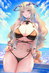 Rule 34 | 1girl, absurdres, alternate costume, bikini, black bikini, blonde hair, blue eyes, blue hair, blue sky, breasts, colored inner hair, commentary, criss-cross straps, crown of thorns, day, earrings, english commentary, fleurdelys (wuthering waves), floating earrings, groin, hand on own hip, heart, highres, horns, huge breasts, jewelry, long hair, long horns, looking at viewer, mcdobo, multicolored hair, nail polish, navel, open mouth, outdoors, paid reward available, parted lips, pointy ears, purple nails, sidelocks, single horn, sky, smile, solo, stomach, swimsuit, tacet mark (wuthering waves), thighs, underboob, very long hair, wading, wuthering waves, yellow horns