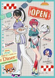 1boy 2girls amate_yuzuriha apron aqua_eyes blue_hair bow breasts chicken_(food) colored_inner_hair conch_(gundam) crop_top food frilled_apron frills gundam gundam_gquuuuuux haro hasu_175 highres holding ketchup ketchup_bottle long_hair looking_at_viewer midriff multicolored_hair multiple_girls nyaan_(gundam_gquuuuuux) open_mouth purple_hair red_hair rice shirt short_hair short_shorts shorts shuji_ito skates thai_text thighhighs tray two-tone_hair waitress yellow_eyes