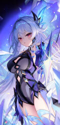 1girl absurdres aiming aiming_at_viewer black_leotard breasts cleavage_cutout clothing_cutout commentary_request genshin_impact grey_hair hair_ornament highres holding holding_sword holding_weapon large_breasts leotard long_hair night night_sky parted_lips pioko red_eyes skirk_(genshin_impact) sky solo star_(sky) sword very_long_hair weapon